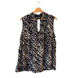 Jennifer & Grace Geometric Sleeveless Blouse Top XL Blue White High Neck Keyhole